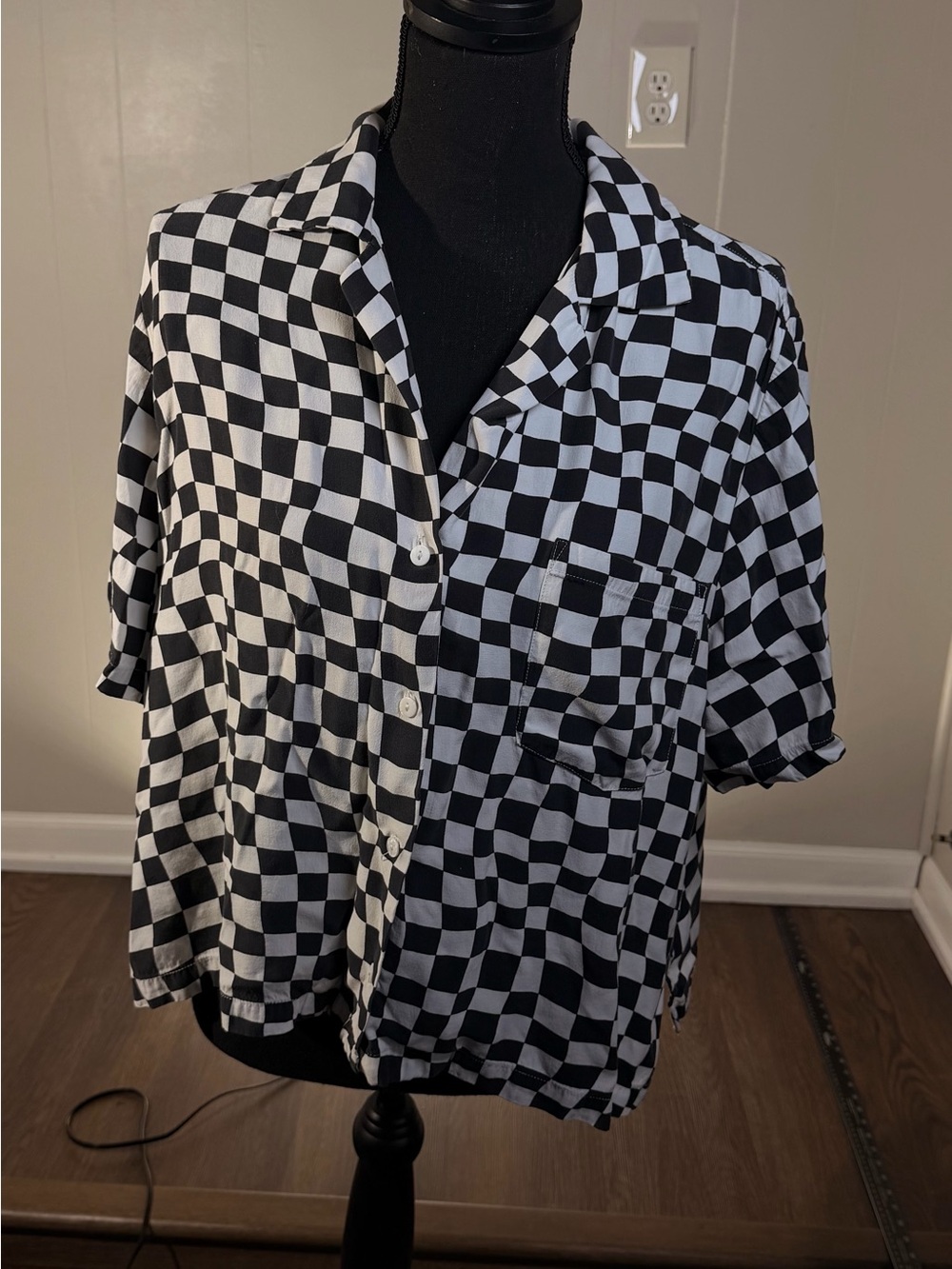 pistola Black and White Checkered Short Sleeve Button-Up Top